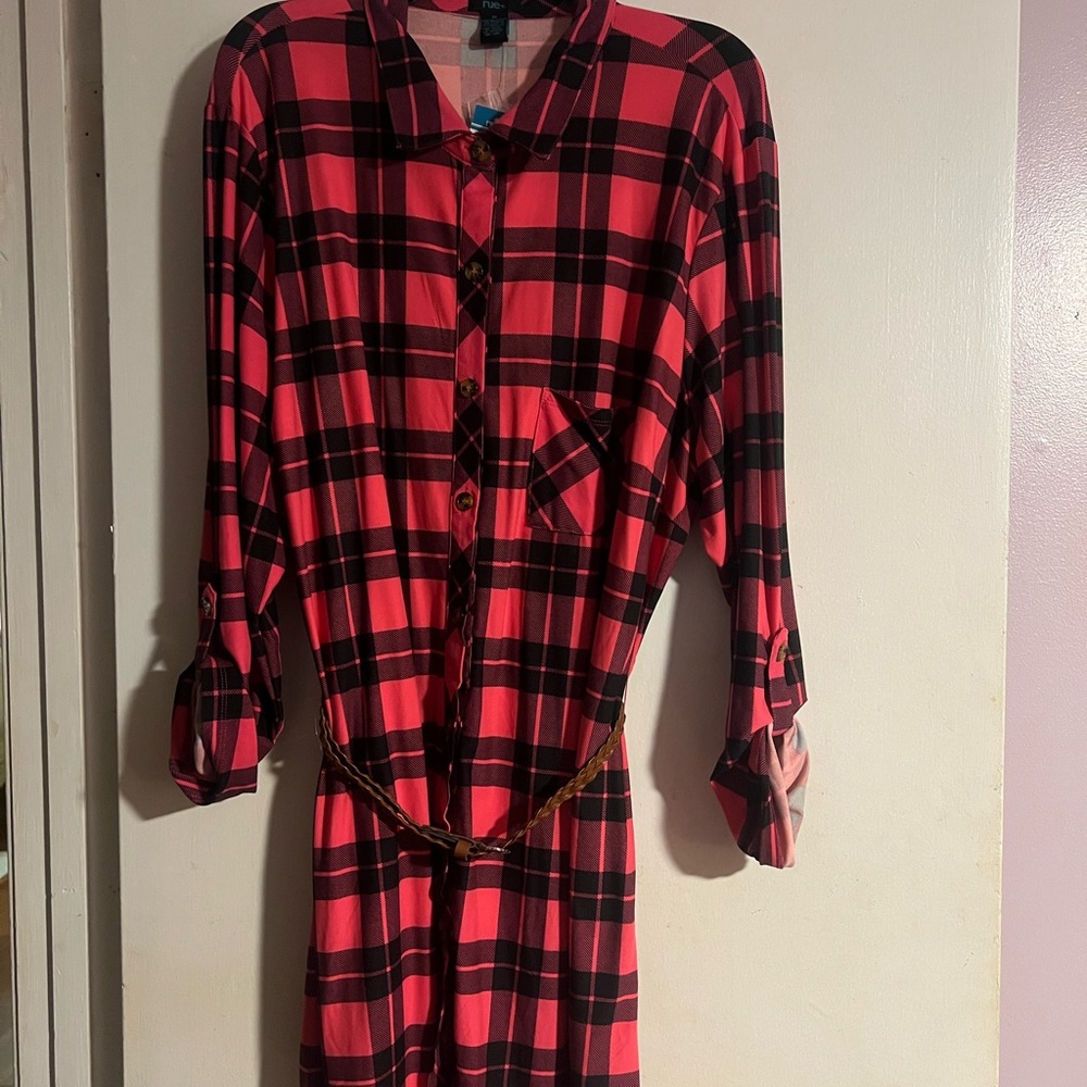 Pink and Black Plaid Shirt Dress with Belt